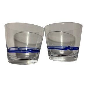 Hand blown LOW ball drink glasses clear
blue applied detail pair summer patio.